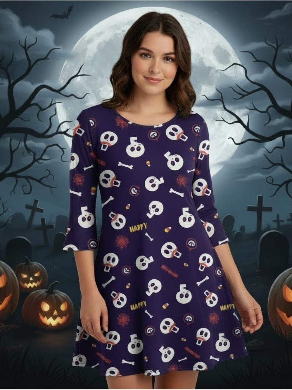 Halloween Women's Dress Skulls St John's Bay Purple Color Large NWOT